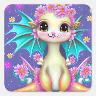 Cute Baby Dragon met roze bloemen Vierkante Sticker