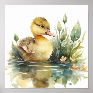 Cute Baby Duck, Duck op een Pond Waterverf Poster