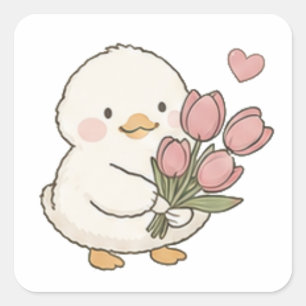 Cute Baby Eend met Tulpboeket Esthetiek Vierkante Sticker