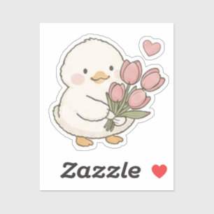 Cute Baby Eend met Tulpenboeket Esthetiek Sticker