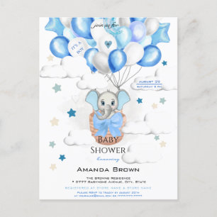Cute Baby Elephant Balloons Basket Boy Baby shower Uitnodiging Briefkaart