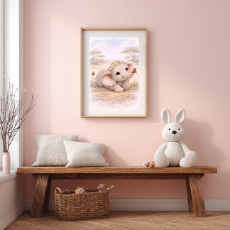 Cute Baby Elephant & Butterfly Nursery Room Kids Poster