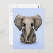 Cute Baby Elephant Calf Sitting Down, Light Blue Briefkaart (Voorkant / Achterkant)