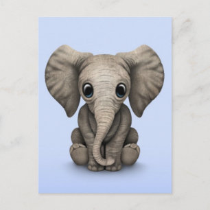Cute Baby Elephant Calf Sitting Down, Light Blue Briefkaart