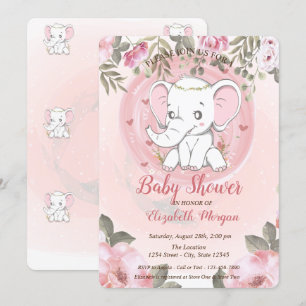 Cute Baby Elephant, Floral Baby shower Kaart