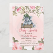 Cute Baby Elephant, Floral Baby shower Kaart (Voorkant / Achterkant)