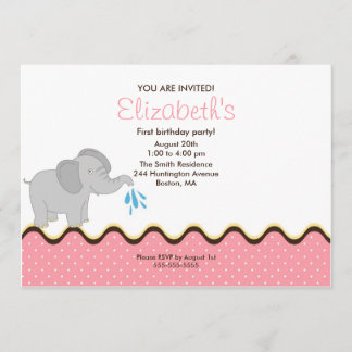 Cute Baby Elephant Girl's Birthday Invitation Kaart