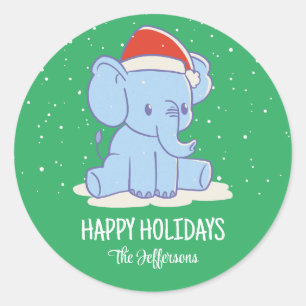 Cute Baby Elephant Kerstmis Snowy Winter Holiday Ronde Sticker