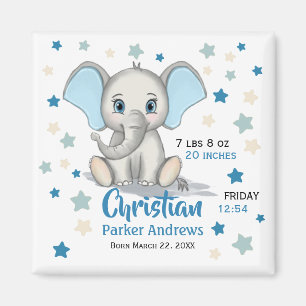 Cute Baby Elephant met Blue Ears Boy Birth Stats Magneet