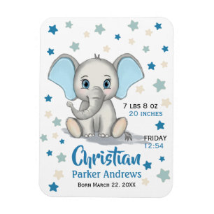 Cute Baby Elephant met Blue Ears Boy Birth Stats Magneet