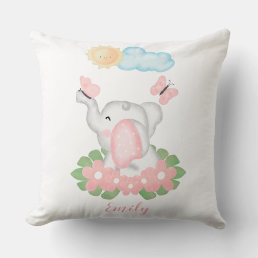 Cute Baby Elephant met roze bloemen Kussen (Voorkant)