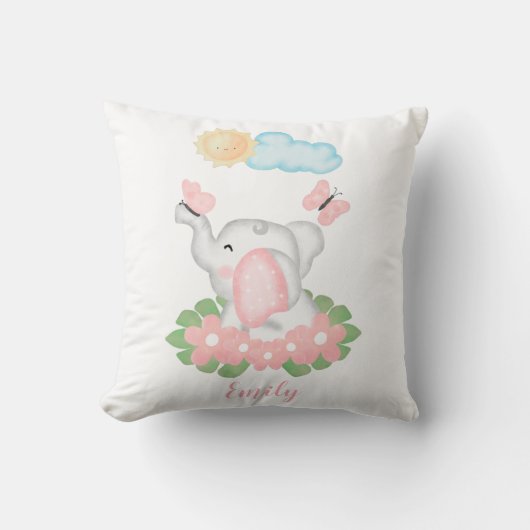 Cute Baby Elephant met roze bloemen Kussen (Voorkant)