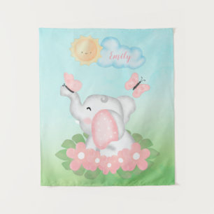 Cute Baby Elephant met roze bloemen Wandkleed
