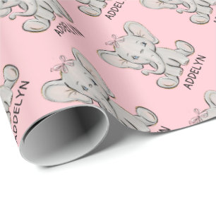 Cute Baby Elephant Pink Little Girl's Name Wrappi Cadeaupapier