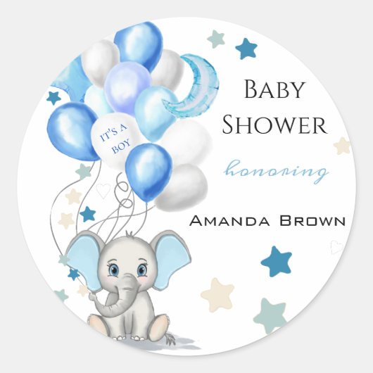 Cute Baby Elephant with Balloons Boy Baby shower Ronde Sticker (Voorkant)