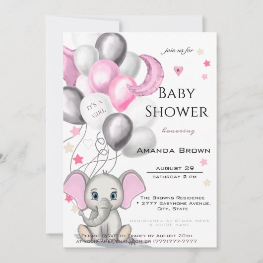 Cute Baby Elephant with Balloons Girl Baby shower Kaart (Voorkant)