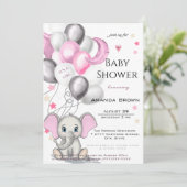 Cute Baby Elephant with Balloons Girl Baby shower Kaart (Staand voorkant)