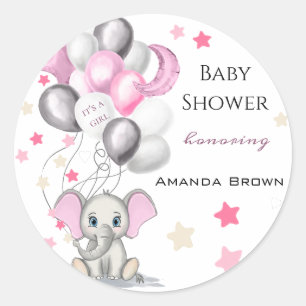 Cute Baby Elephant with Balloons Girl Baby shower Ronde Sticker