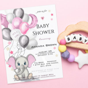 Cute Baby Elephant with Balloons Girl Baby shower Uitnodiging Briefkaart