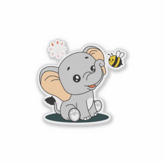 Cute Baby Elephant with Bee Cartoon Vinyl Sticker (Voorkant)