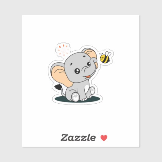 Cute Baby Elephant with Bee Cartoon Vinyl Sticker (Feuille)