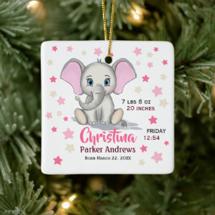Cute Baby Elephant with Pink Ears Girl Birth Stats Keramisch Ornament