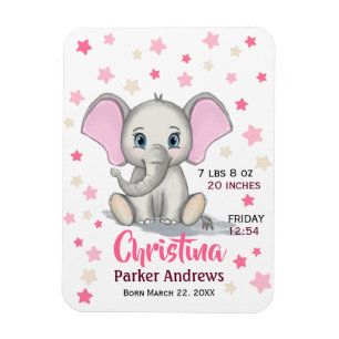 Cute Baby Elephant with Pink Ears Girl Birth Stats Magneet
