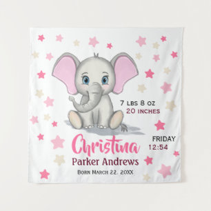 Cute Baby Elephant with Pink Ears Girl Birth Stats Wandkleed