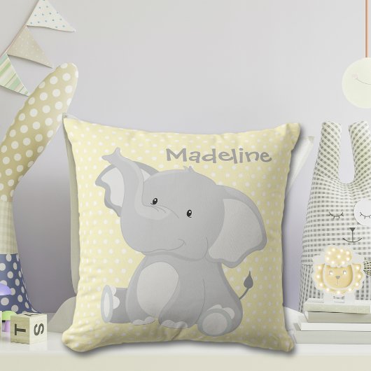 Cute Baby Elephant Yellow Polka-Dot Monogram Kussen