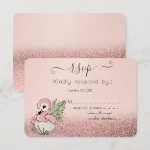 Cute Baby Flamingo Rose Goud Glitter RSVP Kaart