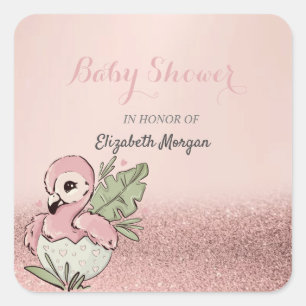 Cute Baby Flamingo Roze Goud Glitter Vierkante Sticker