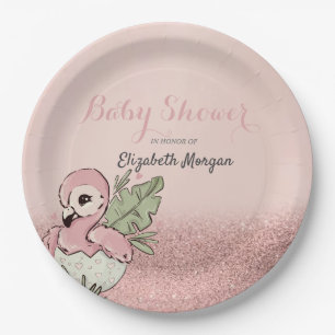 Cute Baby Flamingo Roze Gouden Glitters Papieren Bordje