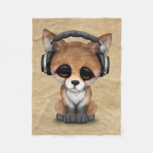 Cute Baby Fox Dj Wearing Headphones Fleece Deken