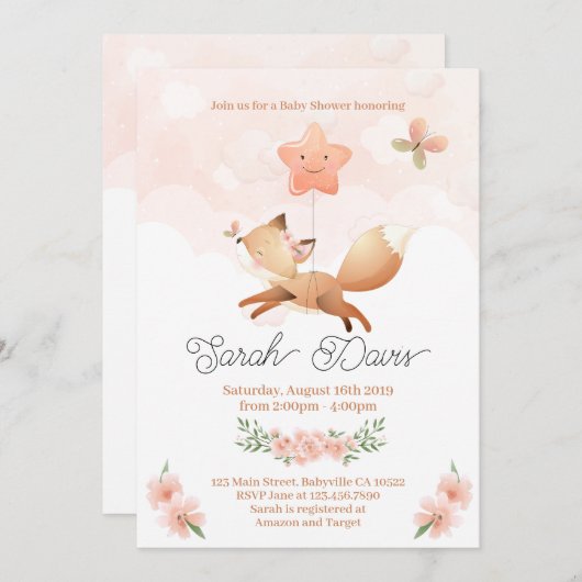 Cute Baby Fox Invite - Baby shower Kaart (Voorkant / Achterkant)