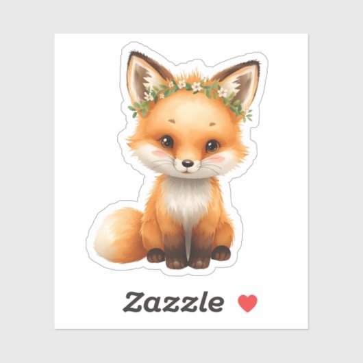 Cute Baby Fox Sticker - Kawaii Flower Crown Fox (Feuille)