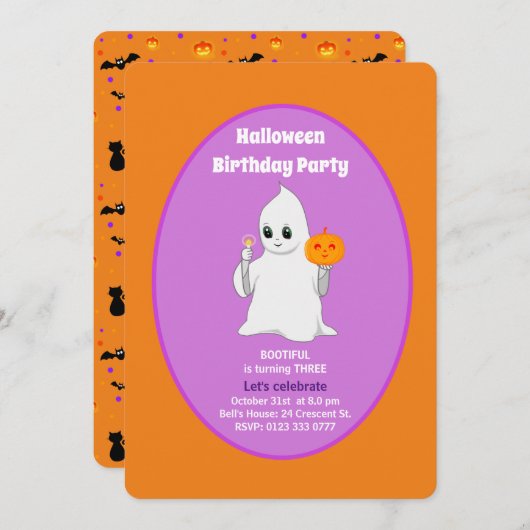 Cute Baby Ghost Halloween Birthday Invitation Kaart (Voorkant / Achterkant)