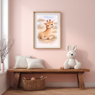 Cute Baby Giraffe Eating Neutral Nursery Room Kids Poster