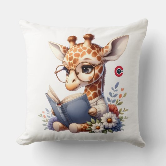 Cute Baby Giraffe Reading Book with Glasses Throw  Kussen (Voorkant)