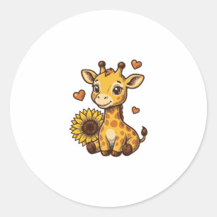 Cute Baby Giraffe Zonnebloem Vintage Gravure T-shi Ronde Sticker