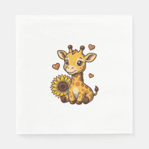Cute Baby Giraffe Zonnebloem Vintage Gravure T-shi Servet