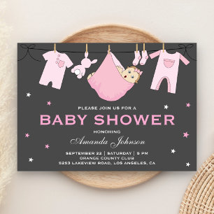Cute Baby Girl Clothesline Baby Shower Uitnodiging