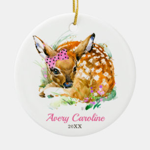 Cute Baby Girl Deer Fawn Persoonlijke Kerstmis Keramisch Ornament