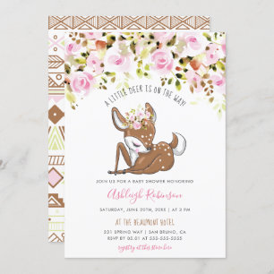 Cute Baby Girl Deer & Tribal Flowers Baby shower Kaart