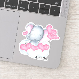 Cute Baby Girl Elephant and Pink Love Hearts Vinyl Sticker