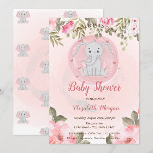 Cute Baby Girl Elephant, Floral Baby shower Kaart