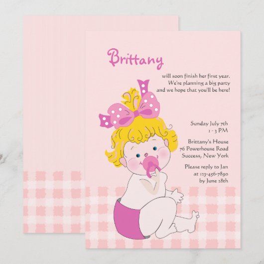 Cute Baby Girl Invitation Kaart (Voorkant / Achterkant)