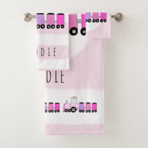 Cute Baby Girl Pink Locomotive Train & Name Bad Handdoek