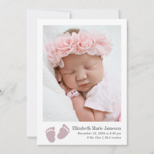 Cute Baby Girl Pink Newborn Footprint Foto Birth Aankondiging