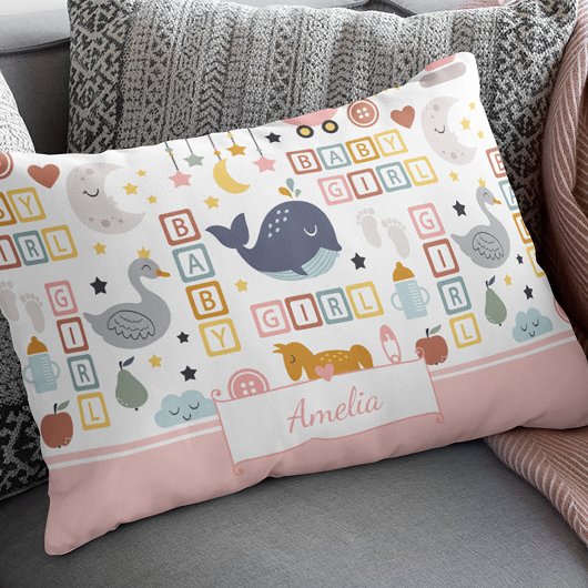Cute Baby Girl Pink Pattern met naam Accent Kussen