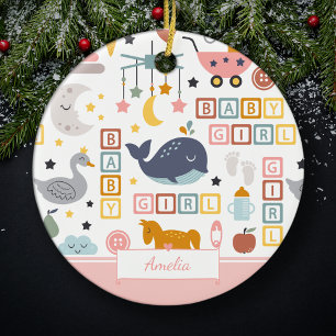 Cute Baby Girl Pink Pattern met naam Kerstmis Keramisch Ornament